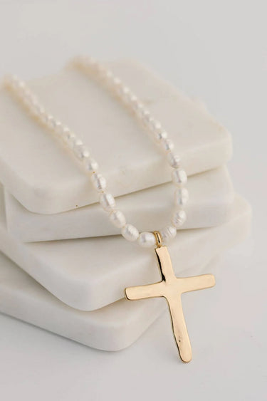 Delilah Chunky Gold Cross + Pearl Necklace